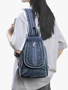LANYIBAIGEROO 2026 多功能女款單肩包 小號牛仔布後背包 適合女孩與青少年 胸包 - 藍色 - 查看 10