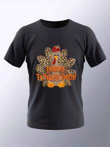 Men's Plus Size  Wrinkle T Shirt - Thanksgiving And Easter Themed Casual Crew Neck Shirt,Suitable For All Seasons,Machine Washable,Thanksgiving - 白色 - 查看 8