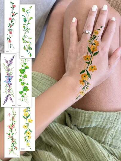 Body Art Temporary Tattoos, Romantic Colorful And Black Floral Patterns. Suitable For Wrapping Around Wrists, Arms, Neck, Shoulders, Waist, Legs, And Ankles. Waterproof Fake Tattoo, Lasts 2-5 Days. Perfect For Parties, Gifts, And Vacations.