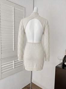 Coquette Fall Women Mock Neck Cable Knit Bodycon Mini Dress, Long Sleeve Open Back Backless Slim Fit Short Knitted Sweater Dress For Night Out White - White - View 6