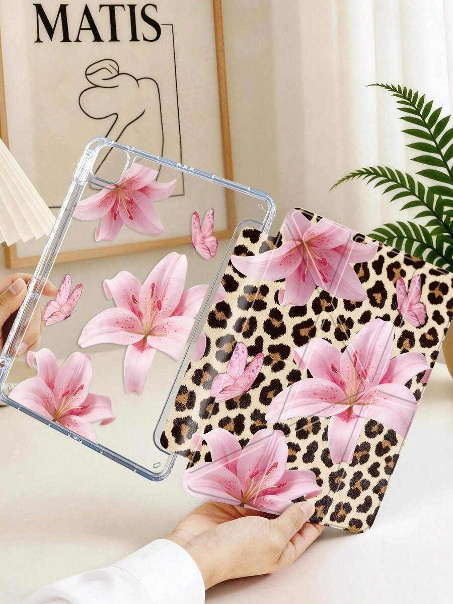 1pc Transparent Acrylic Y-Fold Pink Lily & Leopard Print Tablet Protective Case, Compatible With IPad Models, Double-Sided Painted Pattern Protective Shell, High-Transparency Acrylic Back Cover Anti-Bend Anti-Scratch Anti-Drop, 8-Fold Adjustable Stand, Foldable Tablet Case Protective Cover, Magnetic/Auto Sleep/Wake, Fun/Creative/Personalized, Built-In Pen Slot, Product Does Not Include Pen, Some Models Equipped With Camera Frame - Multicolor - View 1