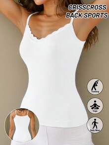 1pc Lace Patchwork Ribbed Tank Top, Solid Color Shaping Camisole, Suitable For Casual And Formal Wear - White - View 3