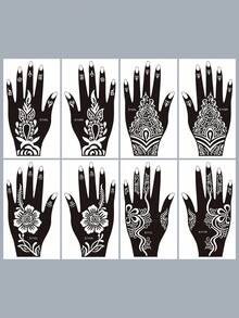 8件組 Mehndi 漢娜紋身模板套裝，傳統花卉圖案 Mehndi 模板，可重複使用手部紋身貼紙，適用於節日、海灘派對 DIY 裝飾 - 黑色 - 查看 10