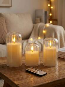 3pcs Vertical Stripe Curved Soft Light Shade Remote Control Electronic Candles, Realistic Flickering Warm Flame, 4-Stage Timer Dimmable, Cream Style Living Room Tea Room Cafe Window Display Holiday Atmosphere Desktop Candle Light Set - Transparent Arc - View 4