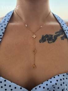 1pc Gold-Colored Four-Leaf Clover Zirconia High-Quality Multi-Layer Y-Shaped Necklace - Yellow Gold - View 2