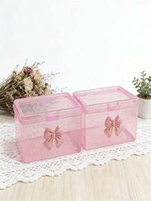 2pcs Cute Bow Transparent Plastic Storage Boxes, Glitter Desktop Organizer, Dust-Proof Makeup Jewelry Stationery Small Items Storage Box, Pink/Blue, Great Value Must-Have Gift, Best Gift For Christmas, Halloween, Back To School Season - Multicolor - View 12