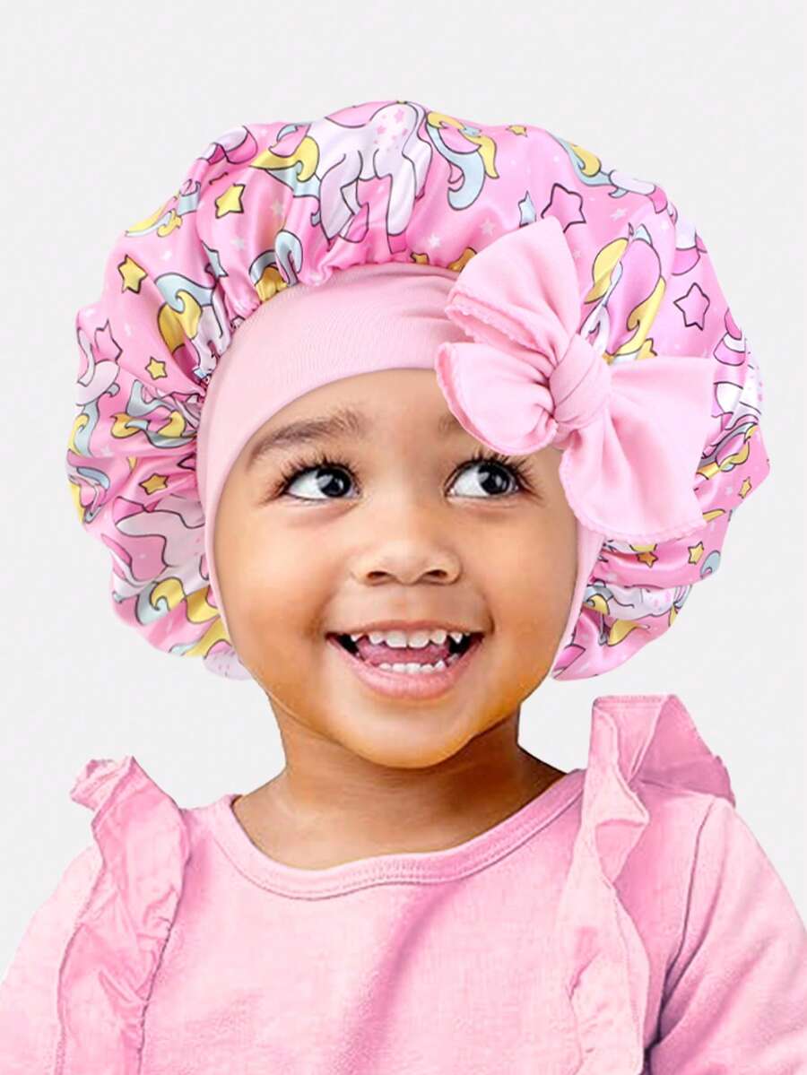 1 pieza Gorro de satén redondo con cinta elástica estampada para niños, adecuado para uso diario - Unicornio rosa - Ver 1