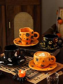 1pc Halloween Ceramic Mug, Pattern Includes Bats, Spiders, Little Ghosts And Pumpkins, Asymmetrical Rim Spooky Coffee Cup, Suitable For Halloween Parties And Gatherings, Cold And Hot Drinks Compatible, Applicable For Office And Bedroom, Great Gift - Multicolor - View 9