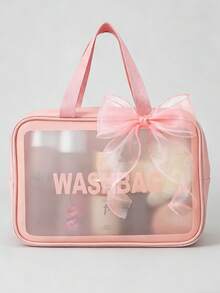 1PC Cute Bow Travel Makeup Bag Clear Cosmetic Organizer Waterproof Large Capacity Portable Toiletry Bag For Women Gift - Pink - View 6