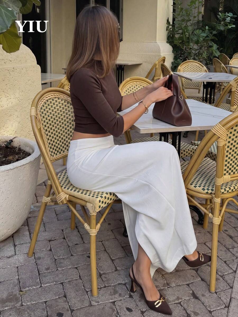 YIU Women's Ribbed Knit High Neck Short Sleeve Top, Fashion Regular Length Knit T-Shirt, High Elasticity, Suitable For Autumn Wear - Brown - View 1
