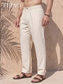 FEIAO Men's Vintage "Old Money Style" Solid Color Straight Leg Pants, Elastic Waistband, All-Season Versatile Essential Trousers - Khaki - View 3
