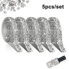 5pcs/Set Rhinestone Ribbon - Self-Adhesive Crystal Shiny Ribbon, Handmade Rhinestone, Clothes, Cake, Phone, Birthday, Wedding Decoration Shiny Rhinestone Tape, DIY - 5-piece Set With Random Drill Bit 50cm - View 1