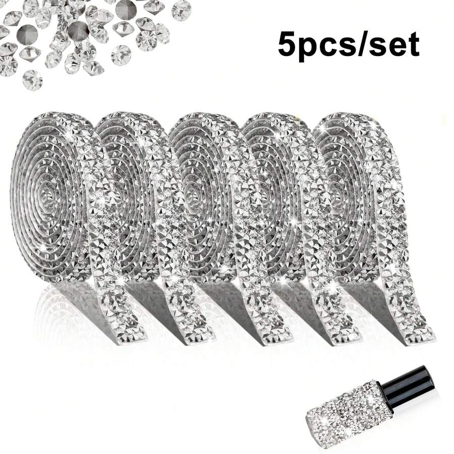 5pcs/Set Rhinestone Ribbon - Self-Adhesive Crystal Shiny Ribbon, Handmade Rhinestone, Clothes, Cake, Phone, Birthday, Wedding Decoration Shiny Rhinestone Tape, DIY - 5-piece Set With Random Drill Bit 50cm - View 1