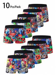 10 cái/gói quần boxer nam in họa tiết graffiti phong cách, cạp vừa thân thiện với da, quần đùi nam họa tiết hoạt hình - Nhiều màu - Xem 1