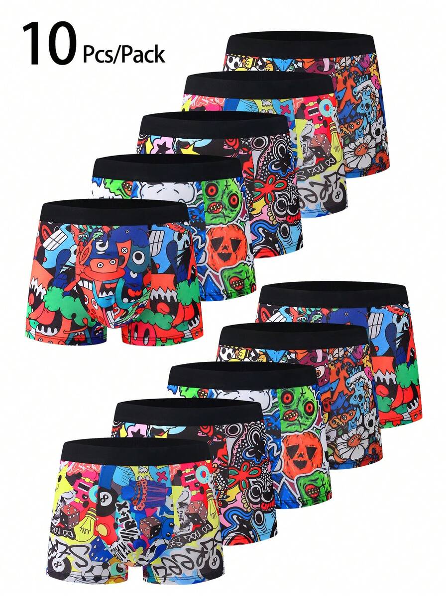 10 cái/gói quần boxer nam in họa tiết graffiti phong cách, cạp vừa thân thiện với da, quần đùi nam họa tiết hoạt hình - Nhiều màu - Xem 1