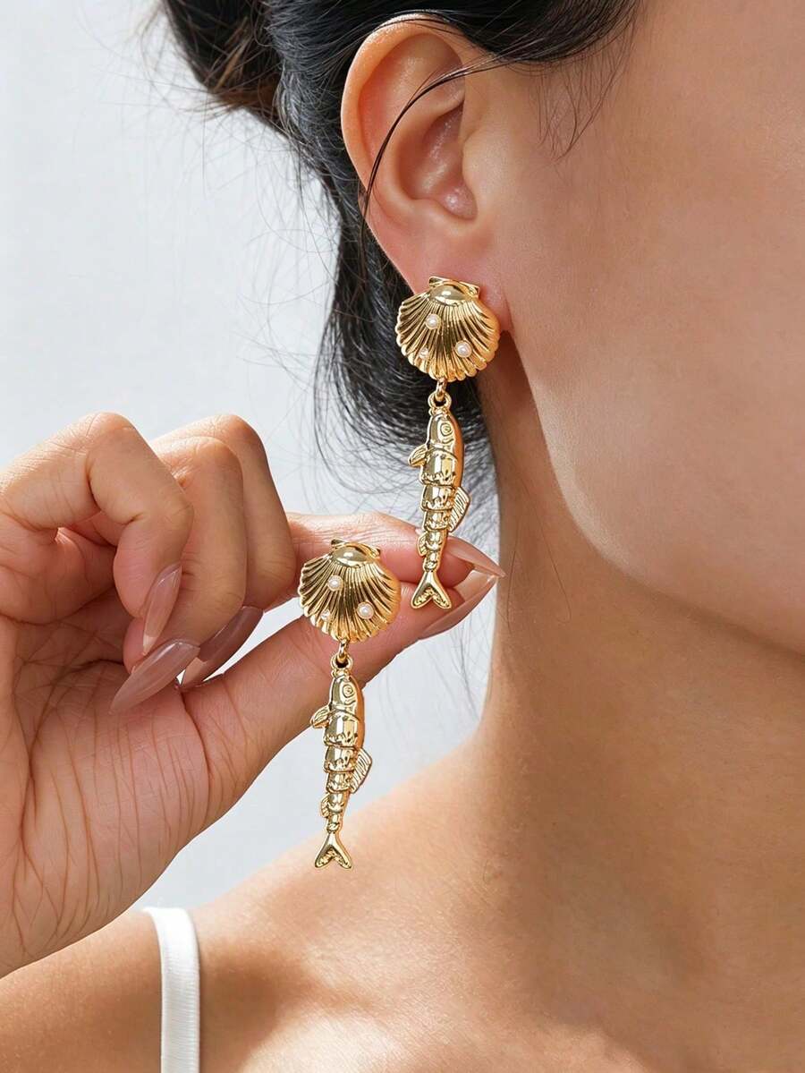 ZHIXUN 1對貝殼造型小魚吊墜耳環 夏季極簡海洋風飾品 派對禮物配件 - 耳環 - 查看 1