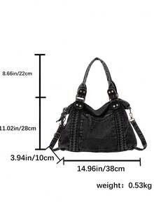 Bolso Tote de Mezclilla Lavada para Mujer con Ribete Trenzado, Remaches Metálicos, Correa Cruzada Desmontable, Gran Capacidad, Vintage Casual para Escuela, Uso Diario, Compras y Viajes - Negro - Ver 9