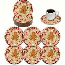 6pcs Christmas Themed Wooden Coaster Set, Classic Gingerbread Man Design Creates Holiday Atmosphere – Suitable For Restaurant, Living Room Or Tea Time Gathering – 10cm_3.9in, Tea Party Essential - Multicolor - View 4
