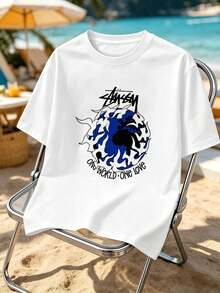 T-shirt da uomo con stampa grafica a fiamme, primavera, girocollo, vestibilità ampia, stile hip-hop urbano, comoda, design grafico. - Bianco - Visualizzare 2