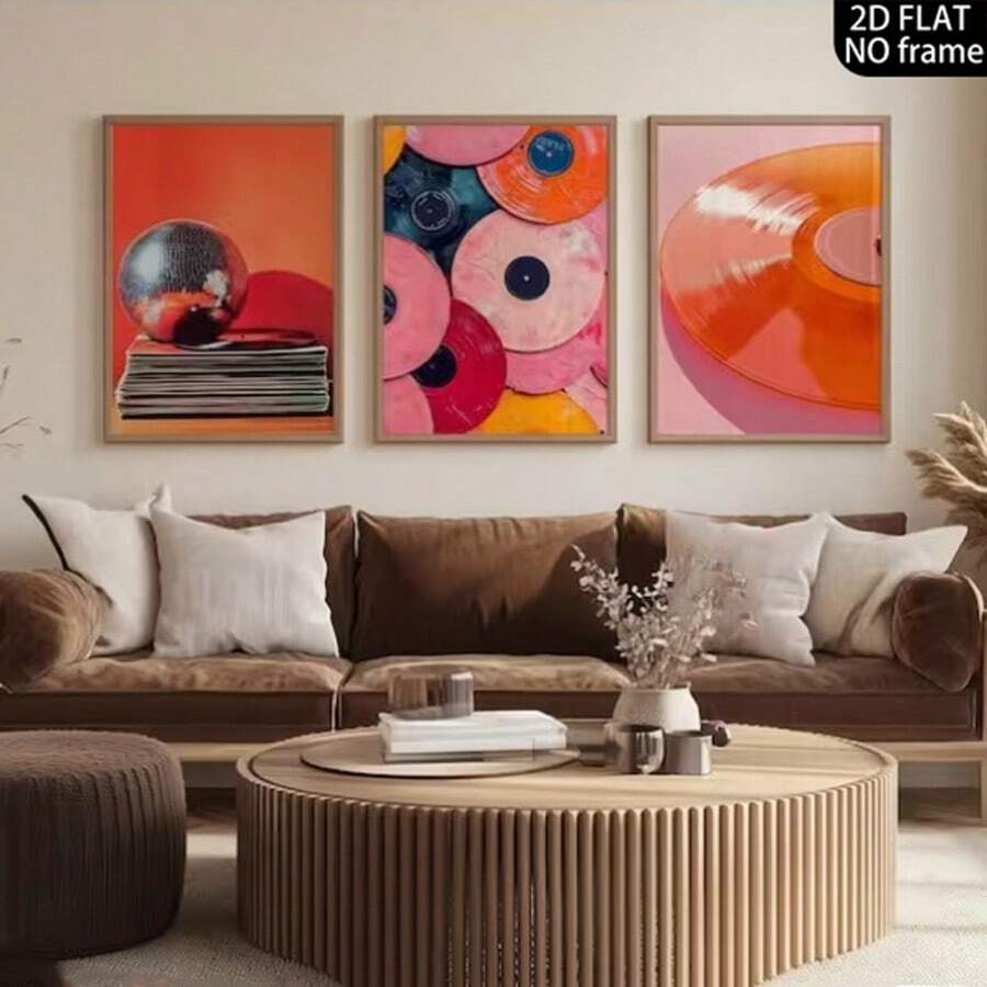 3-Piece Frameless Vintage Music Canvas Poster - Bright Pink And Orange Disco Ball Vinyl Record Wall Art Print, Bedroom Dorm Modern Minimalist Photo Wall Decor, Minimalist Academic Style Room Decoration, Holiday Decoration Gift. - 3pcs-orange-rimless - View 1