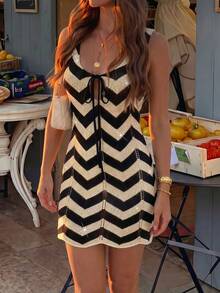 Boho Sexy Women's Short Knit Semi-Sheer Pattern Cover Up Dress,Sleeveless V-Neck Sundress For Summer Beach Holidays Vacation - Multicolor - View 3