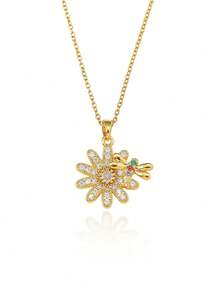 18K PVD Gold Plated Brass Micro-Inlaid AAA Grade Transparent Zirconia Multi-Color Handmade Crystal Daisy Bee Pendant Adjustable Clavicle Necklace Hypoallergenic - Gold - View 5