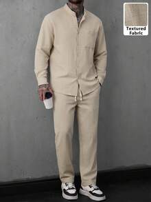 Men's Autumn 2-Piece Set, Single-Breasted Stand Collar Long Sleeve Shirt And Drawstring Solid Color Long Pants Casual Regular Fit Outfit, Top With Single Pocket, Versatile For Casual, Vacation, Outing, Dining, Dating, Home, Office - Apricot - View 2