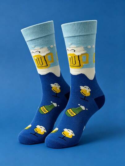 1 Pair Beer Mug Print Mid-Calf Socks, Funny Quirky Breathable Versatile Unisex Socks