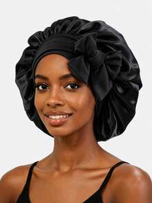 1 buah Topi Bundar Wanita dengan Pita Simpul, Bahan Sutra Imitasi, Karet Elastis, Cocok untuk Penggunaan Sehari-hari, Topi Tidur, Topi Pengikat Rambut, Topi Kecantikan - Hitam - View 24