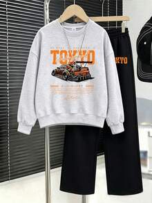 2件組 男童賽車印花圓領運動衫與長褲套裝，秋冬時尚舒適新風格 - 彩色 - 查看 1