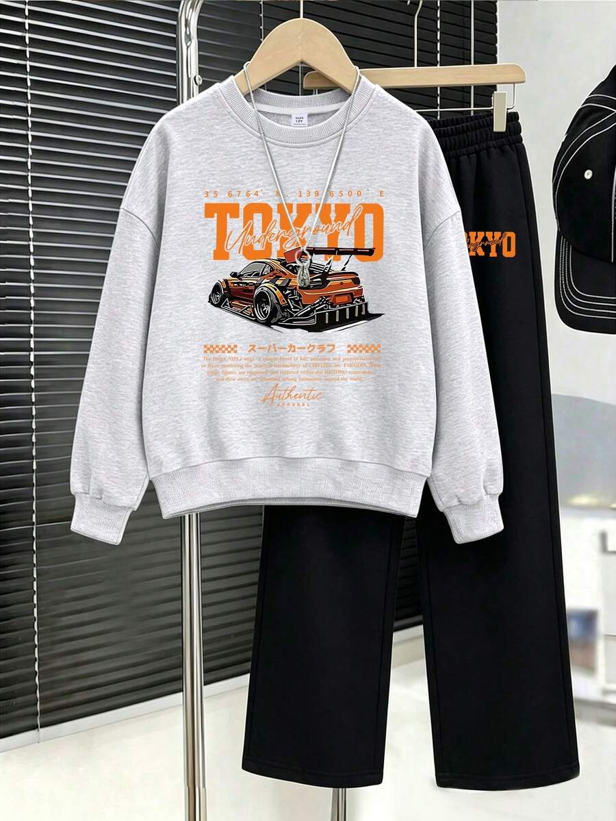 2件組 男童賽車印花圓領運動衫與長褲套裝,秋冬時尚舒適新風格 - 彩色 - 查看 1