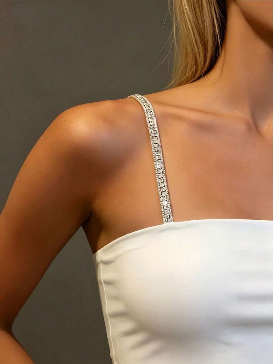 1 Pair Elegant Sexy Glamorous Rhinestone Studded Multi-Style Adjustable Women's Shoulder Chain, Anti-Slip Invisible Shoulder Strap Bridal Wedding Dress Metal Shoulder Strap Clothing Accessory, Suitable For Party, Wedding, Banquet Wear, Jewelry Accessory - 09 Silver 7333 - View 1