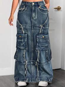 Rok Jeans Wanita Pinggang Tinggi Denim Robek Maxi - Biru - View 6