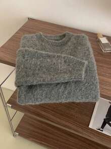 EAVA Dark Gray Round Neck Knit Sweater, Fluffy Curly Plush Fabric With Misty Atmosphere, Soft Thick Warm And Non-Irritating, Loose Drop Shoulder Wide Sleeve Hiding Body Shape And Slimming, Simple All-Match Round Neck With Ribbed Cuffs Resistant To Deformation, Short Loose Body Optimizing Body Proportion, Low Saturation High-End Gray Suitable For All Skin Tones, Suitable For Single Wear Or Layering In Autumn/Winter, Versatile Casual Lazy Pullover Top - Dark Grey - View 5