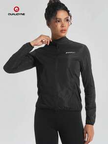 Qualicos Women's Full Zip Breathable Lightweight Cycling Jacket, Outdoor Sports Reflective Long Sleeve Sports Shirt With Reflective Strips And Back Pocket - Black - View 3