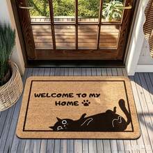 1pc Black Border Slouchy Cat Paw Print Funny Slogan "WELCOME TO MY HY HE" Doormat, Bestselling Popular Minimalist Cute Pet Flannel Rectangular Rug, Adorable Slouchy Cat Silhouette Thin Paw Border Funny Text Pattern, Non-Slip Absorbent Easy To Clean Entrance Floor Mat, Suitable For Hallway, Kitchen, Balcony, Bedroom, Study - Multicolor - View 2