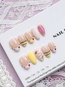 10pcs Handmade Medium Almond Shape Classic French Pressed Flower False Nails, Gold Beads With Hand-Carved Floral Design, Pink Yellow Solid Color, Red Gold Pink Polka Dot Pattern, Suitable For Party, Dance, Daily Wear, Comes With Tool Set, Perfect Gift For Women And Girls - Multicolor - View 3