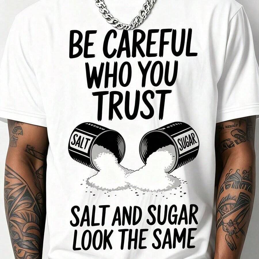 Men's Fun Fitness T-Shirt With Salt And Sugar Trust Pattern Print Loose Fit Breathable Short -Salt Bottle Design Clothing, Suitable For Salt Lovers - 白色 - 查看 1