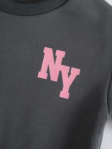 2pcs/Set Young Girl Casual Sports Style Fashion Minimalist Letter Print Ribbed Crew Neck Long Sleeve Thermal Lined Warm Sweatshirt And Elastic Waist Wide Leg Pants Set, Autumn/Winter College Style Suitable For Daily Outdoor Sports Wear - Grey - View 5