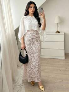 女款花卉印花優雅超長披肩設計夏季長洋裝 - 杏色 - 查看 3