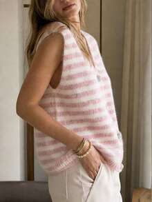 French Ins Style Striped Knit Vest, V-Neck Knit Cardigan With Rhinestone Buttons, Design-Forward, Suitable For Daily Commute, Casual, Holiday And Outing Wear - Pink - View 5