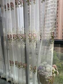 1 pieza Cortina blanca semitransparente con estilo de bolsillo para barra, bordada con rosas frescas, para ventana de bahía y ventana de piso a techo - Multicolor - Ver 10