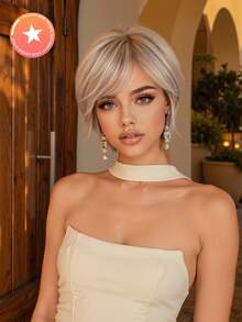 FIVE STARS 8 Inch Straight Bob Wig, Heat-Resistant Synthetic Fiber Layered Pixie Short Hair, Light Gray Gold Silver Highlighted Wig With Side Bangs, Natural Daily Women's Wig, Suitable For Party And Cosplay - Multicolor - View 1
