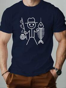 Men's Short-Sleeved Casual Summer T-Shirt With A Stickman Holding A Fishing Rod Pattern T Shirt - 黑色 - 查看 11