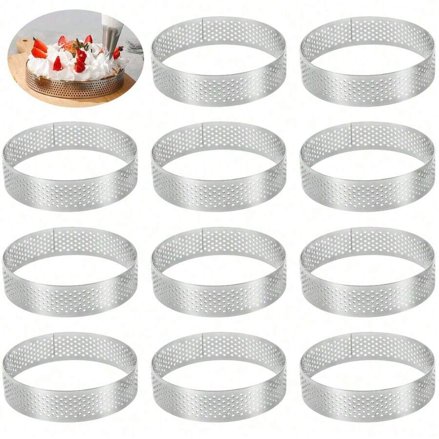 6pcs Stainless Steel Round Tart Ring Set - Perforated Mousse And Dessert Rings, Cookie Molds, Fruit Tart Molds, French Cheesecake Baking Tools, Suitable For Christmas, Easter, Thanksgiving - Multicolor - View 1