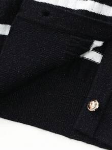 女款時尚海軍藍條紋開襟衫，舒適鈕扣針織毛衣，適合萬聖節、感恩節、聖誕節節日穿搭 - 黑色 - 查看 8