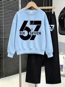 Set Tween Boy Whimsical Funny Number "67" Character Pattern Print Pattern Crew Neck Sweatshirt+Trousers New Autumn/Winter Comfortable Boys' Set - Multicolor - View 1