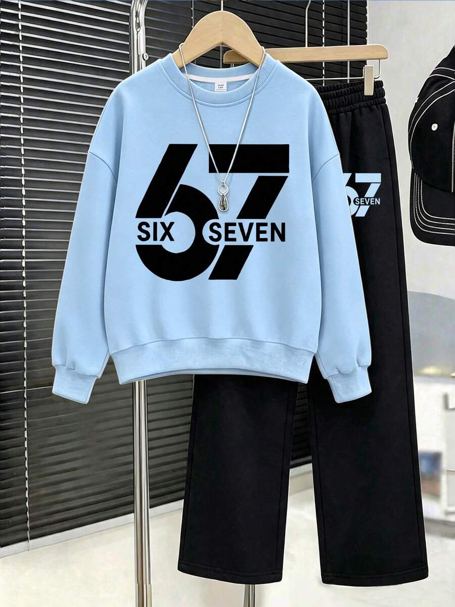 Set Tween Boy Whimsical Funny Number "67" Character Pattern Print Pattern Crew Neck Sweatshirt+Trousers New Autumn/Winter Comfortable Boys' Set - Multicolor - View 1