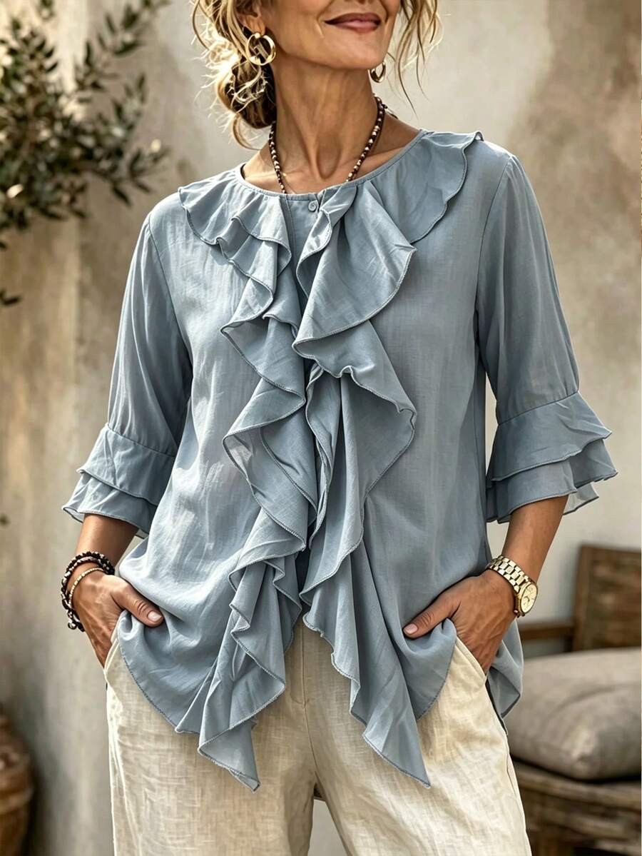 Women's Spring/Summer Casual Solid Color Double Ruffle Hem Button Pocket Blouse, Retro Style, Comfortable & Breathable, Loose & Fashionable Solid Color Ruffle Decor Blouse