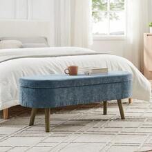 Multifunctional Storage Bench, Soft Chenille Fabric, Wooden Legs, Solid Wood Frame, 20L Storage Space, 110x40x42cm, For Bedroom, Living Room, Shoe Bench, Hallway - 藍色 - 查看 10